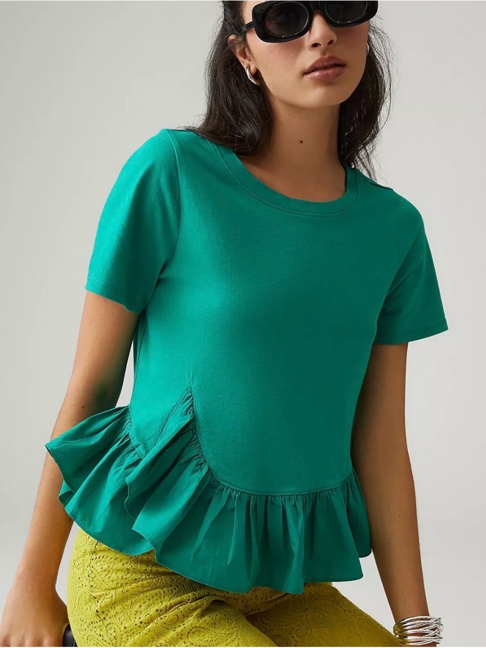 Anthropologie Maeve Ruffle-Hem Top Women’s Short Sleeve Top — Teal Green Green S